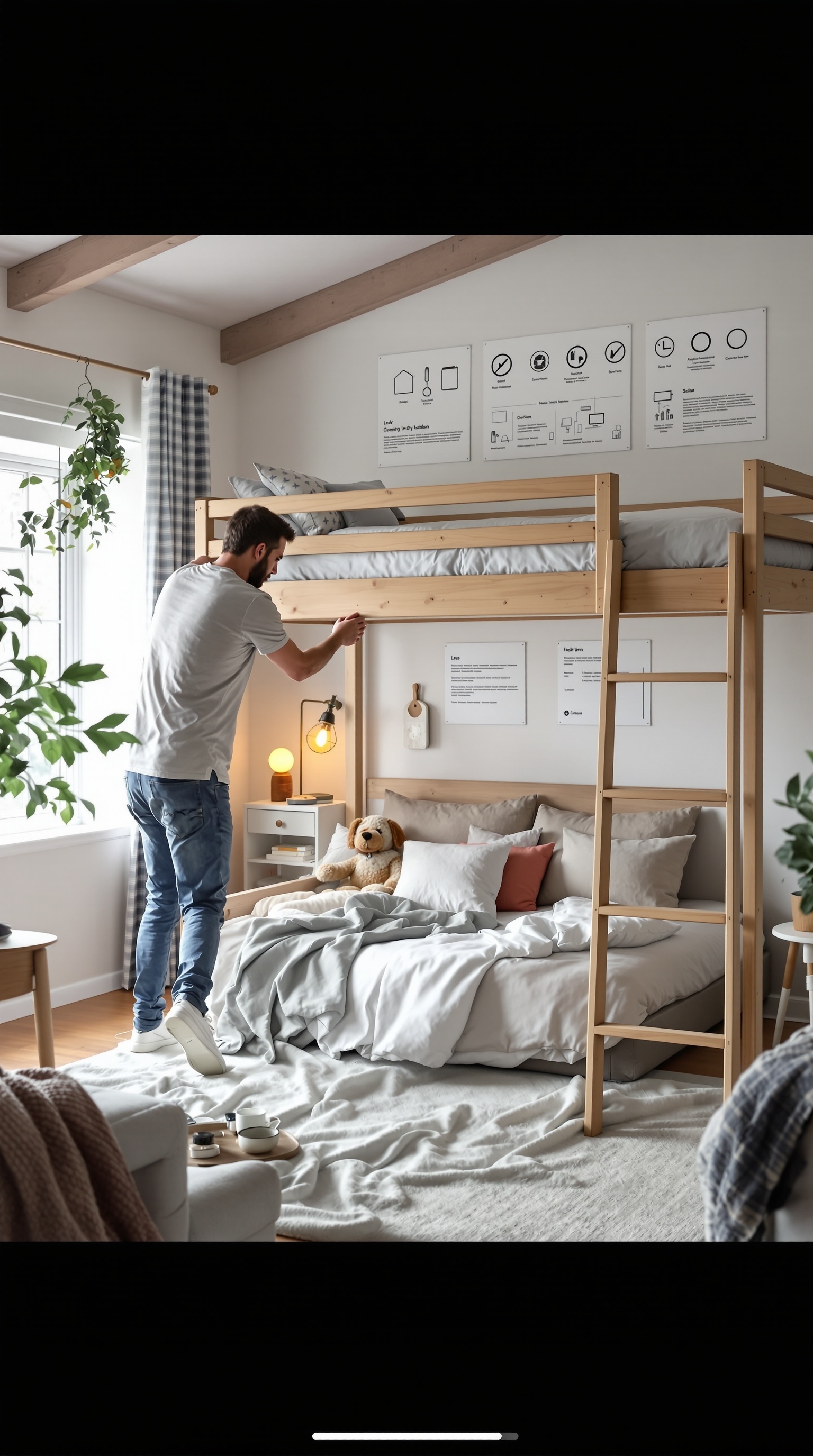 A person assembling a DIY loft bed in a cozy room with plants and soft bedding.