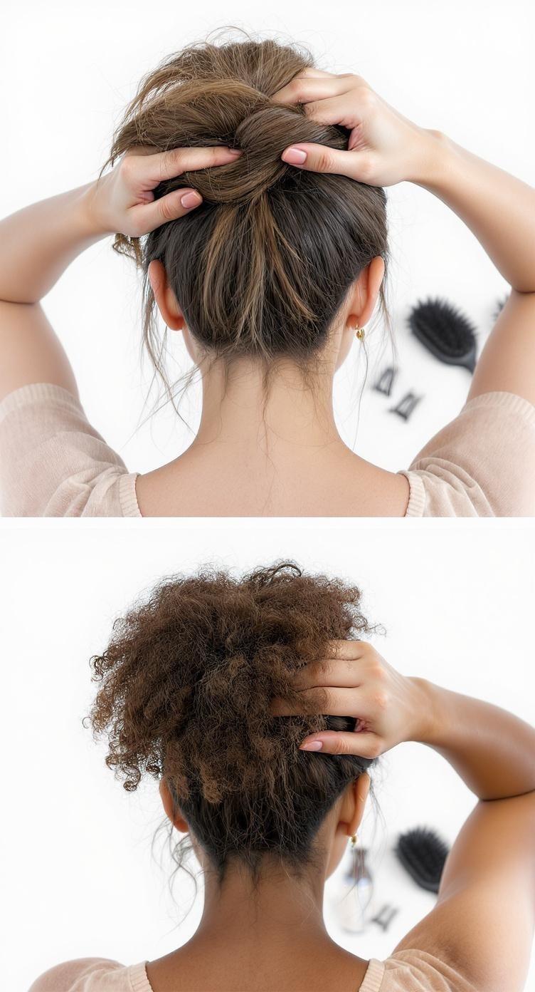 A step-by-step guide to creating a messy bun hairstyle for bridesmaids, showing the process of styling hair.