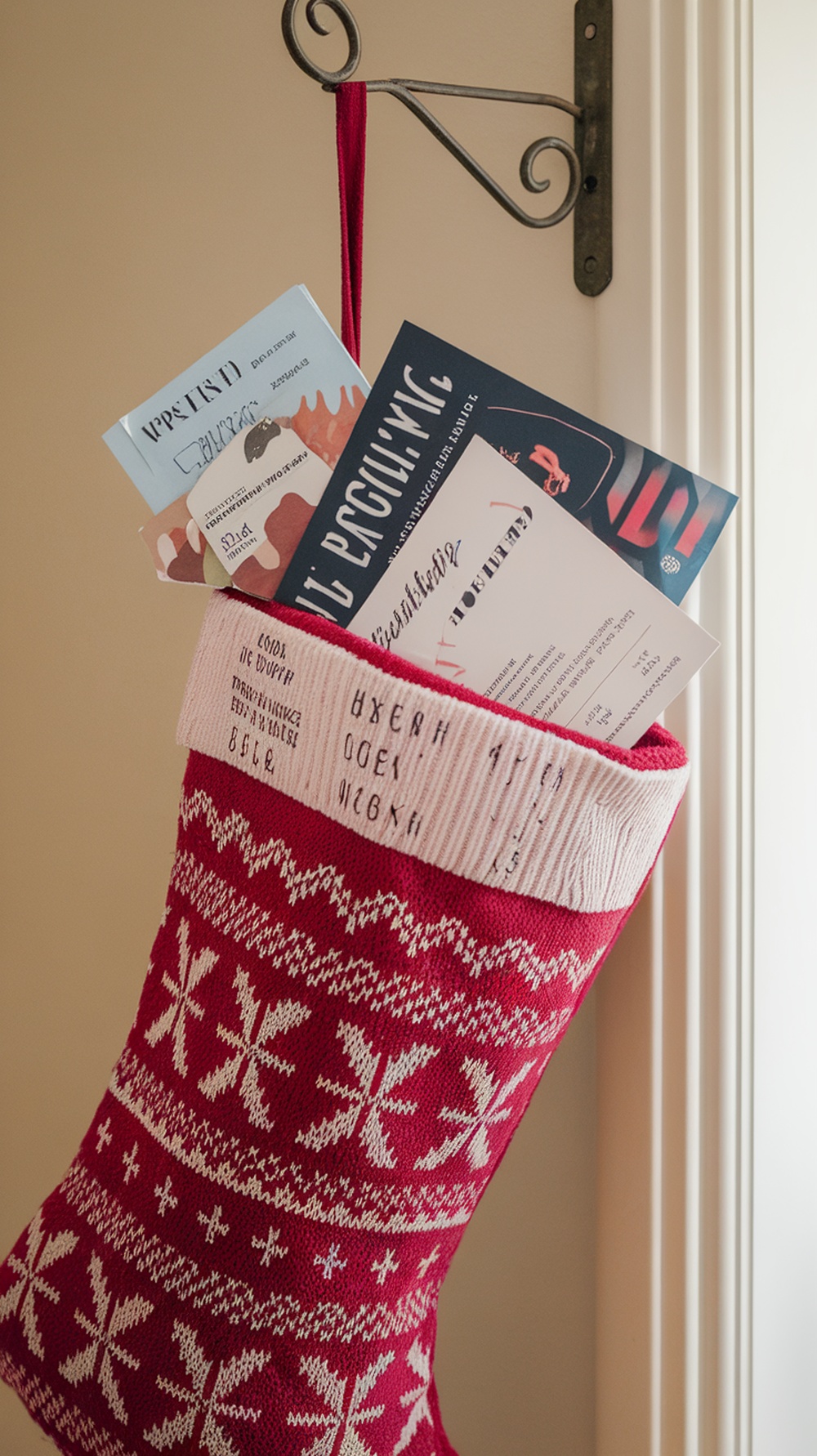 A red Christmas stocking filled with colorful experience cards hanging on a wall.