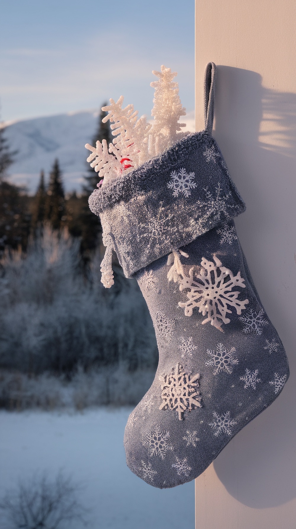 A gray Christmas stocking with white snowflakes hanging in a winter landscape.