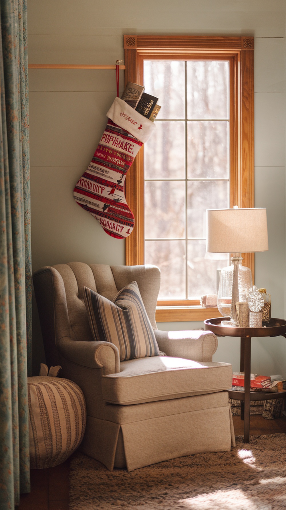 A cozy reading nook featuring a Christmas stocking filled with books, a comfortable armchair, and a warm lamp by the window.