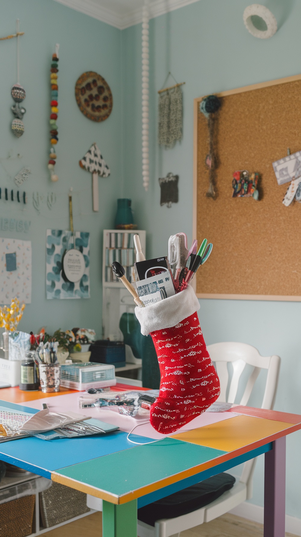 A red Christmas stocking filled with crafting supplies, hanging in a colorful craft room.