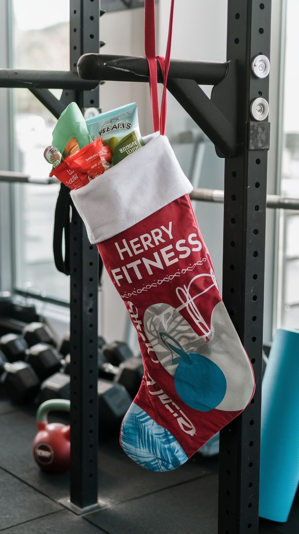 A red Christmas stocking labeled 'Merry Fitness' filled with healthy snacks, hanging in a gym.
