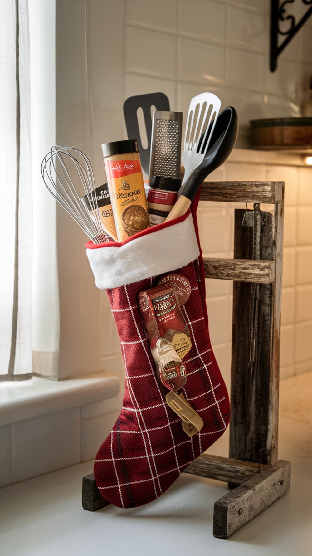 A red plaid Christmas stocking filled with kitchen utensils and gourmet food items.