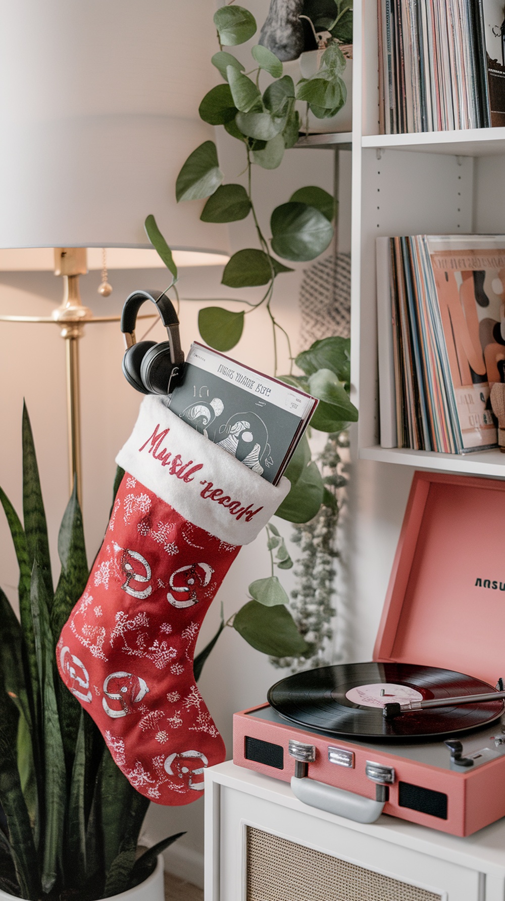 A red Christmas stocking with 'Music Recap' written on it, filled with a vinyl record and headphones, hanging next to a record player.