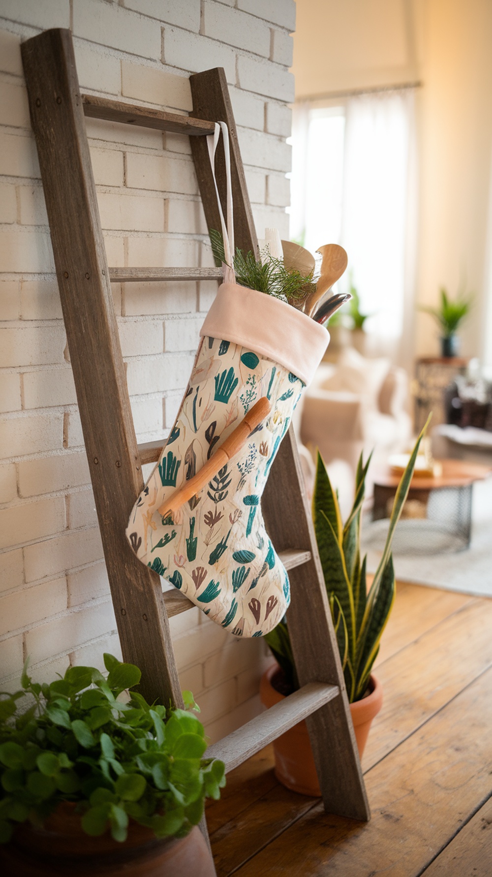 A nature-themed Christmas stocking hanging on a wooden ladder, filled with kitchen utensils and greenery.