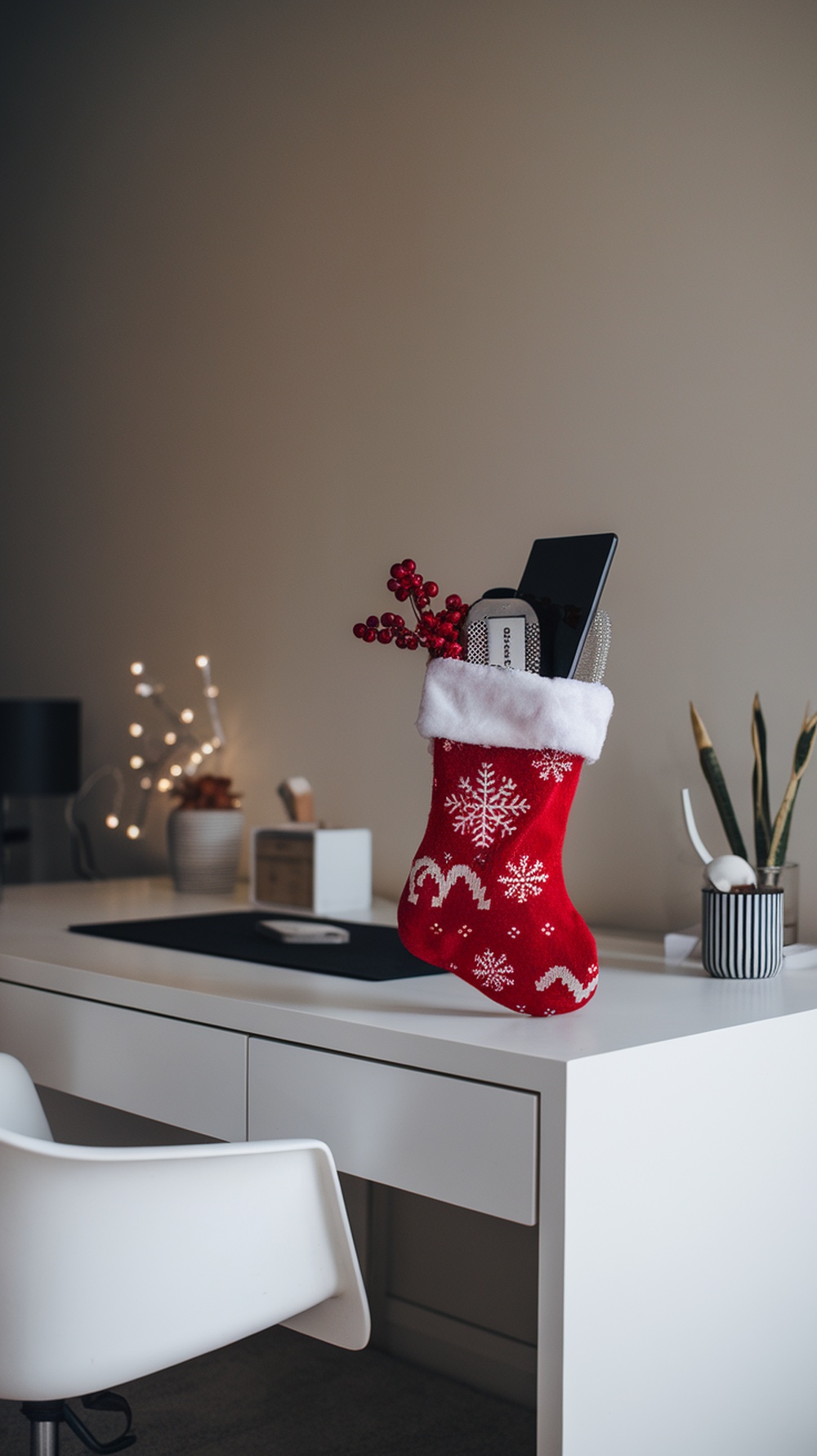 A festive red Christmas stocking filled with tech gadgets, including a tablet and decorative elements, hanging in a modern workspace.