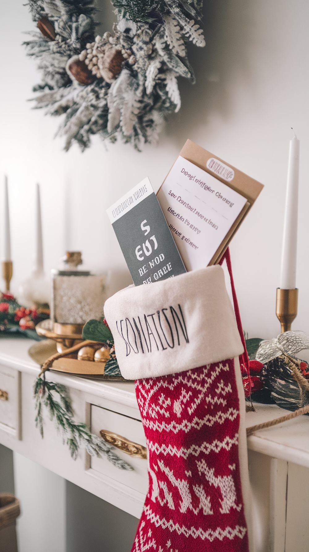 A Christmas stocking labeled 'DONATION' filled with donation cards, surrounded by festive decorations.