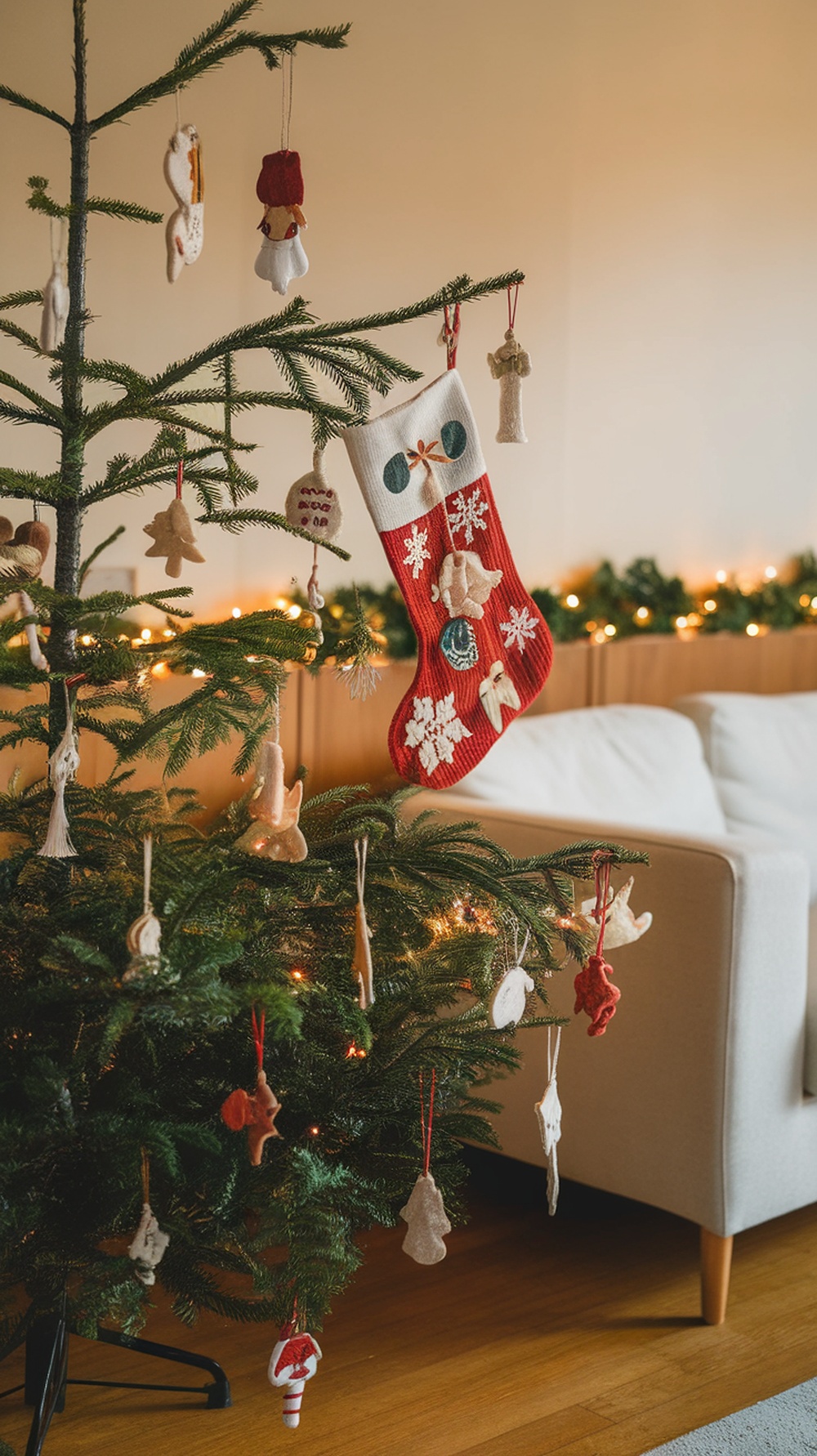 A Christmas stocking hanging on a tree, surrounded by handmade ornaments.