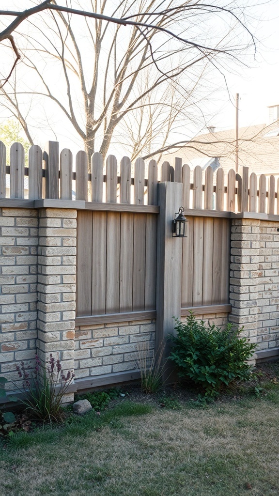 A backyard fence made of a combination of stone and wood, featuring a lantern and surrounding greenery.