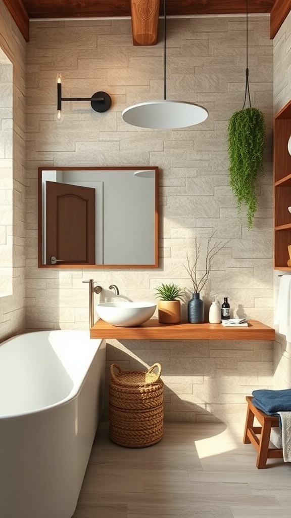 A rustic bathroom featuring stone walls, wooden shelves, and a modern bathtub.