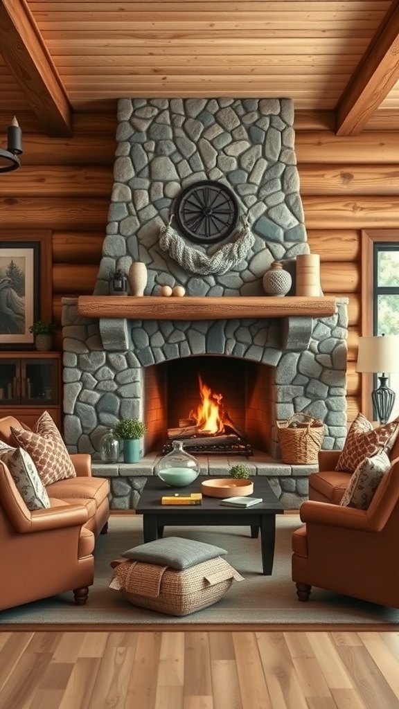Cozy cabin living room with a stone fireplace and comfortable seating