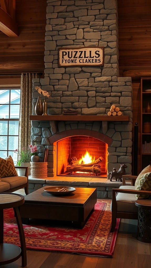 Cozy stone fireplace in a rustic cabin with warm fire and decorative elements