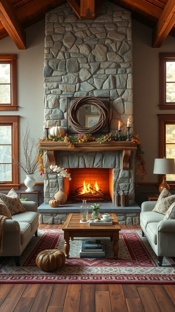 A rustic living room featuring a stone fireplace, comfortable sofas, and autumn decorations.