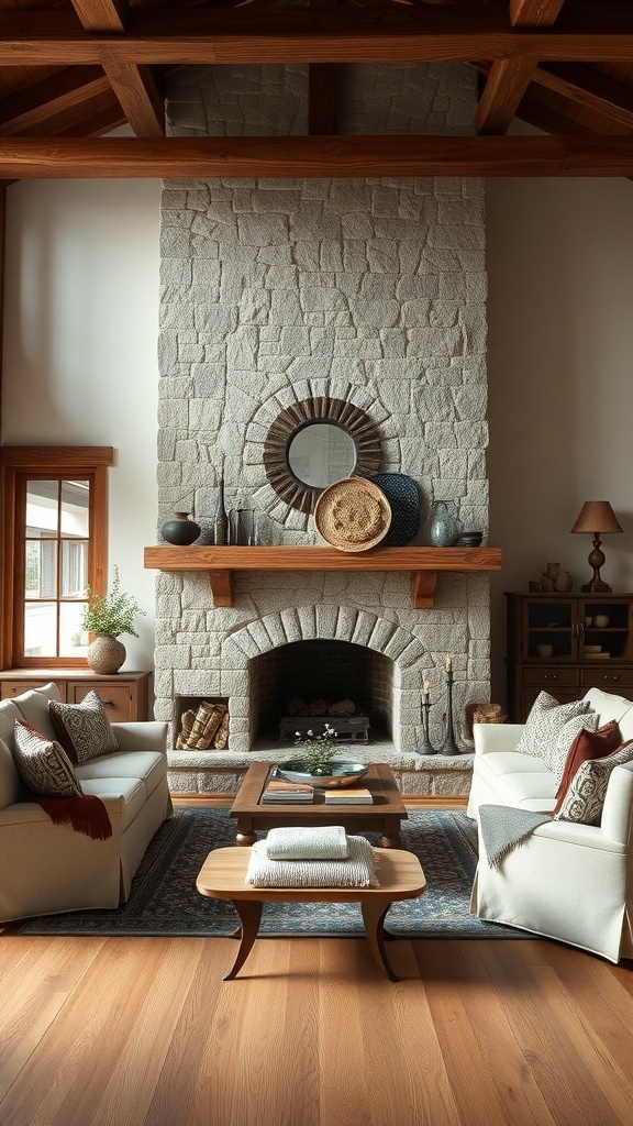 A rustic living room featuring a large stone fireplace, wooden beams, and cozy seating.