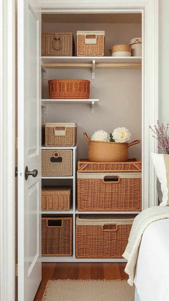 A closet with neatly arranged woven storage baskets of various sizes.