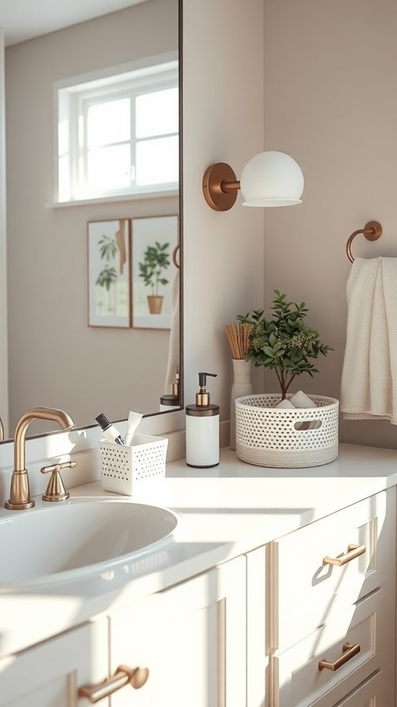 A bright bathroom countertop with stylish storage bins, showcasing a clean and organized space.
