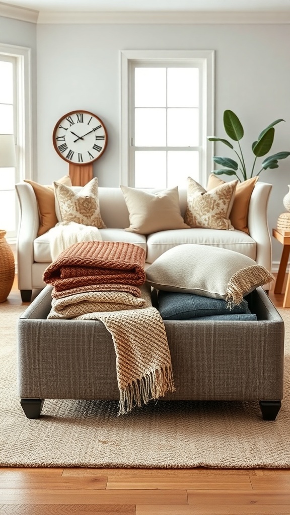 A cozy living room with a gray storage ottoman filled with colorful blankets, a white sofa, and decorative pillows.