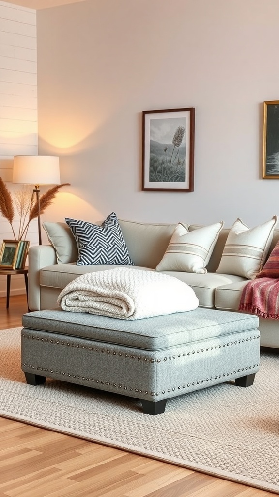 A stylish light blue storage ottoman with a folded blanket on top, placed in a cozy living room setting.