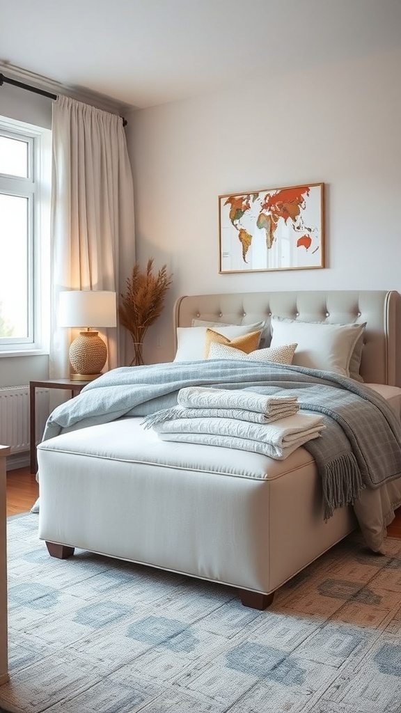 A cozy small bedroom featuring a stylish storage ottoman at the foot of the bed, surrounded by soft bedding and warm lighting.