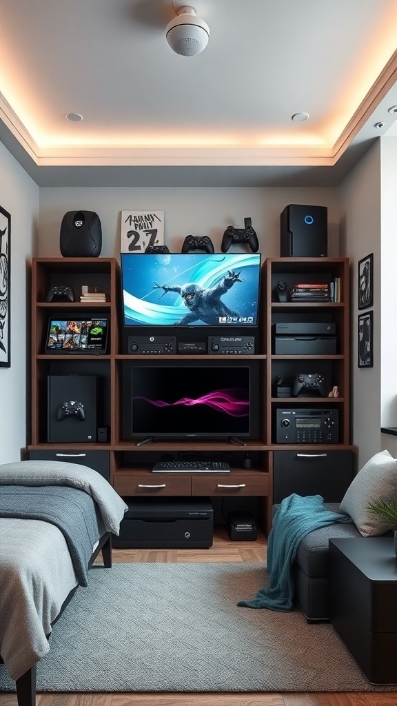 A well-organized gamer bedroom featuring a shelving unit with consoles, games, and a gaming setup.