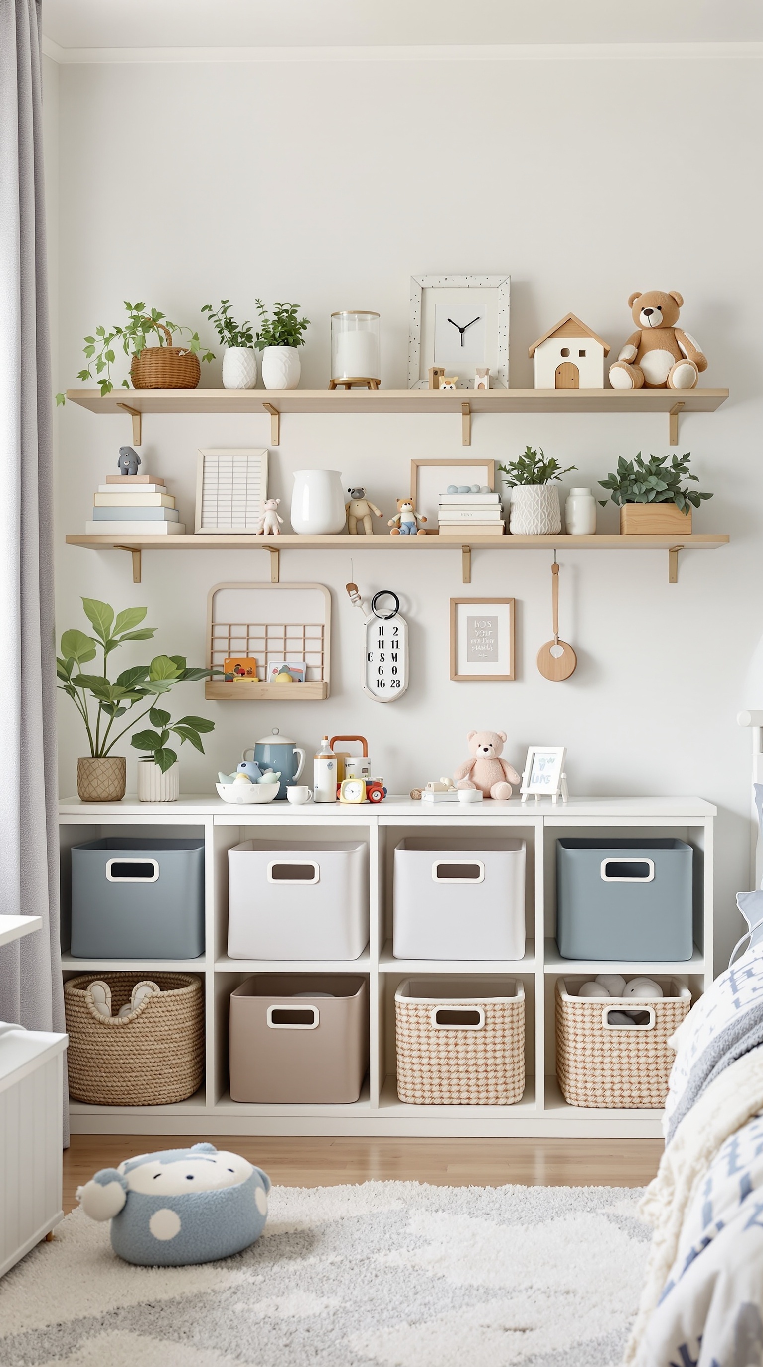 A toddler room with organized toy storage, featuring shelves with decorative items and baskets for toys.