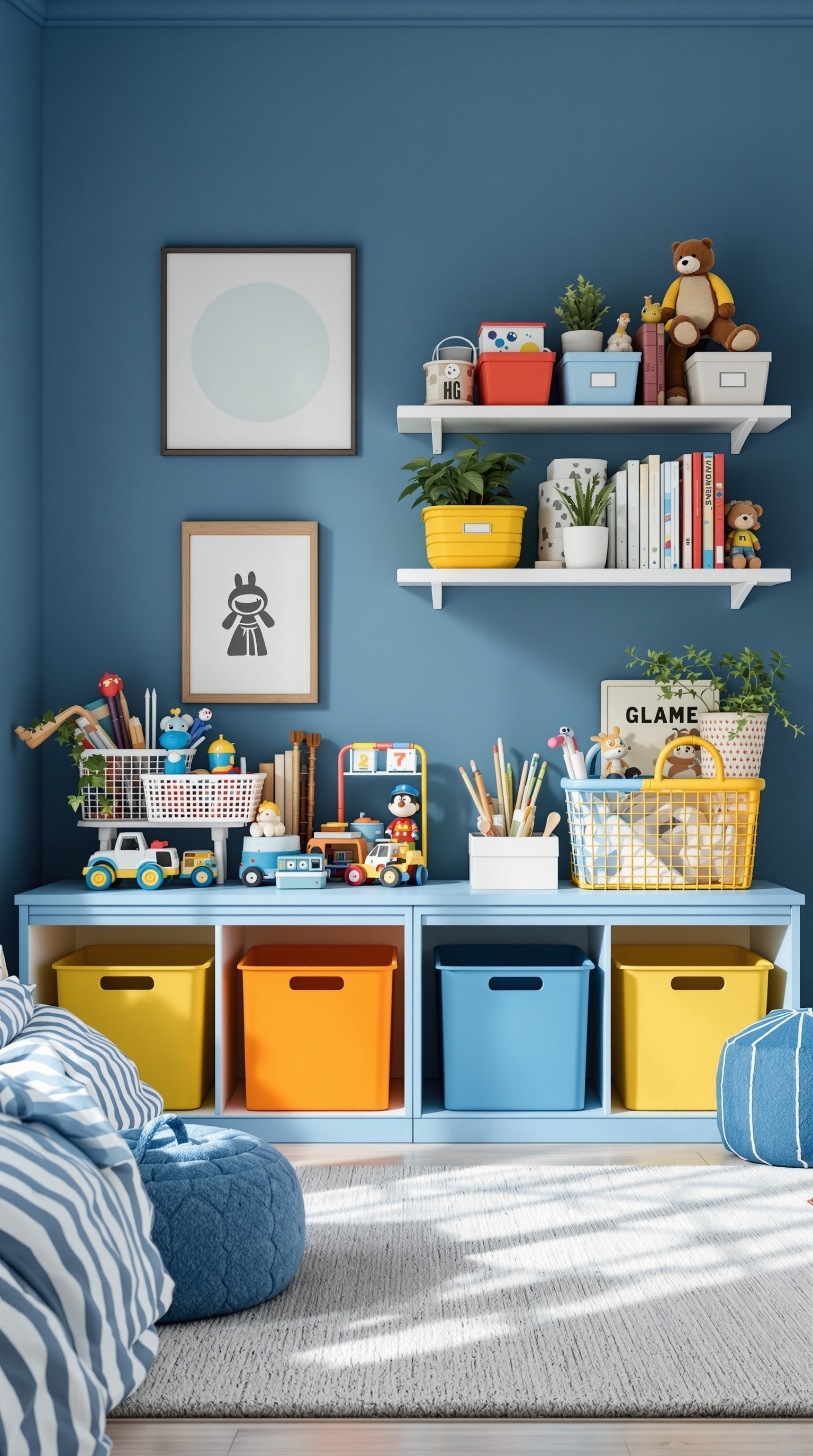 A well-organized blue kids' room featuring colorful storage bins and shelves.