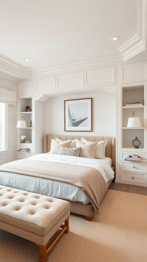 A neutral bedroom featuring a bed with beige bedding, built-in shelves, and a storage bench.