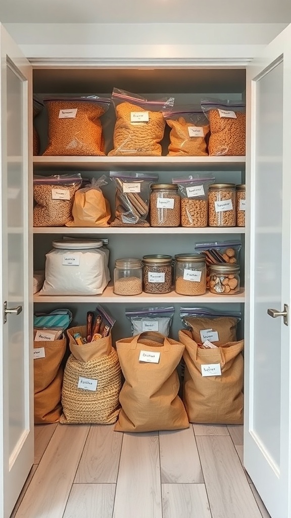 Organized pantry with clear bags for bulk items and labeled jars.