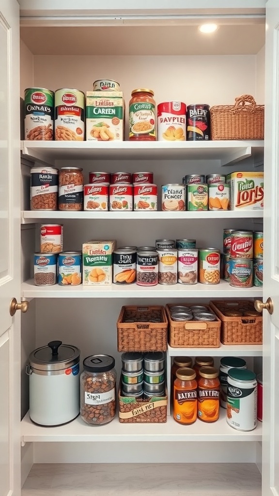 Organized pantry with shelves of canned goods, baskets, and jars.