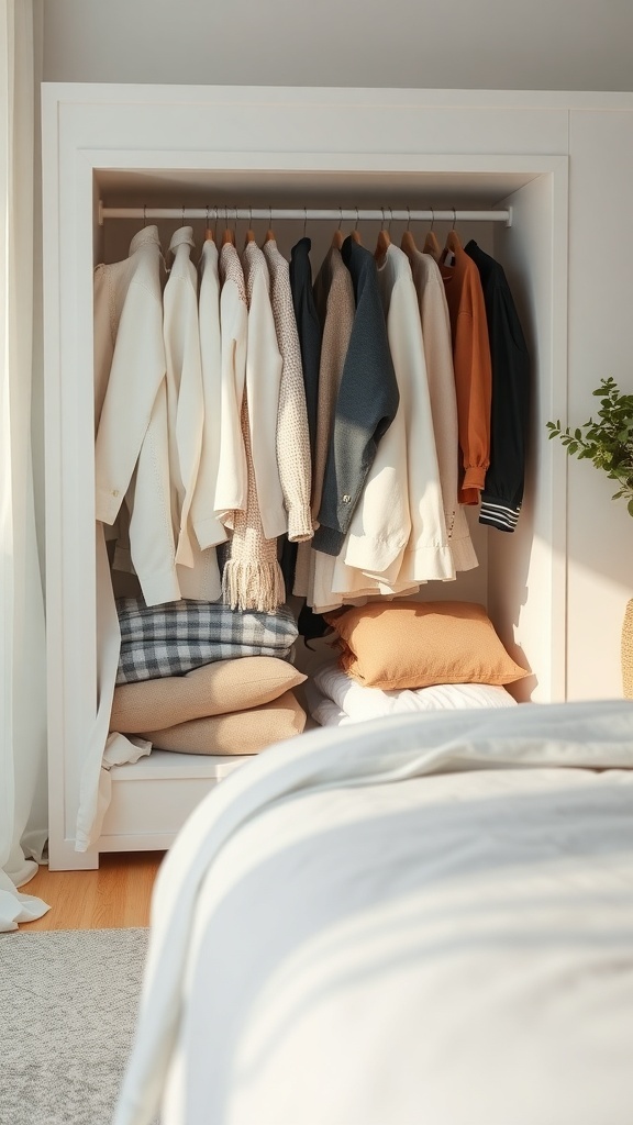 Organized wardrobe with out-of-season clothes and pillows