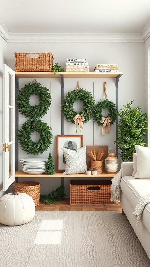 A cozy shelf displaying curly deco mesh wreaths, organized with decorative baskets and plants.