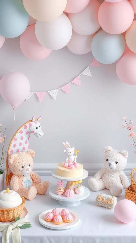 A baby shower setup featuring pastel balloons, a cake with a bunny figurine, and plush toys including a teddy bear and unicorn.