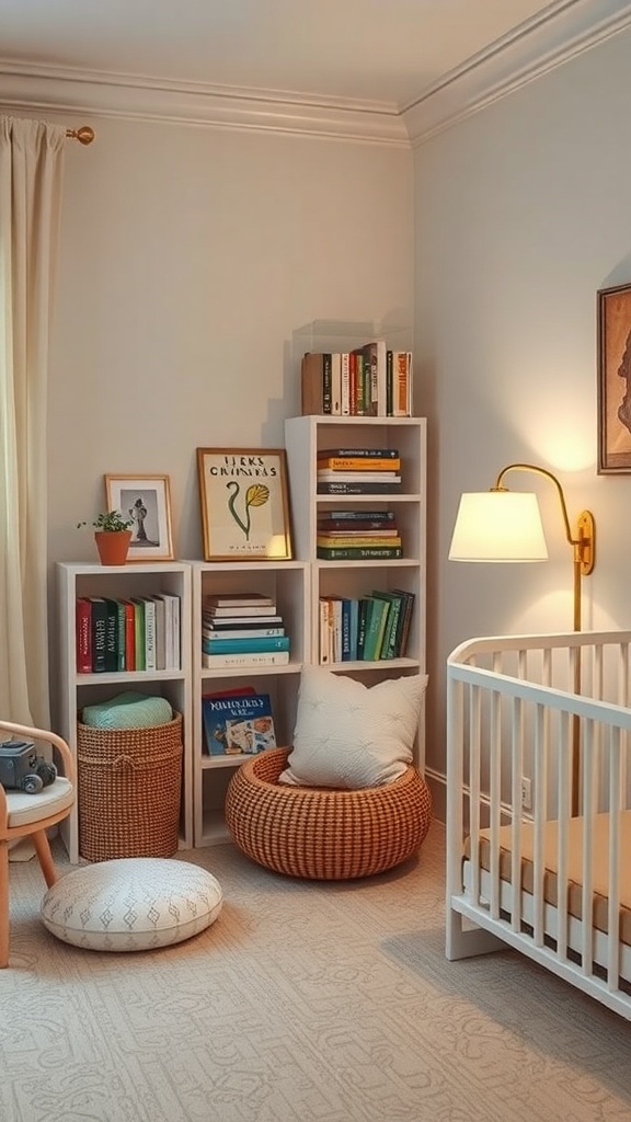 A cozy nursery reading nook with a crib, bookshelves filled with colorful books, a round pouf, and a soft chair.