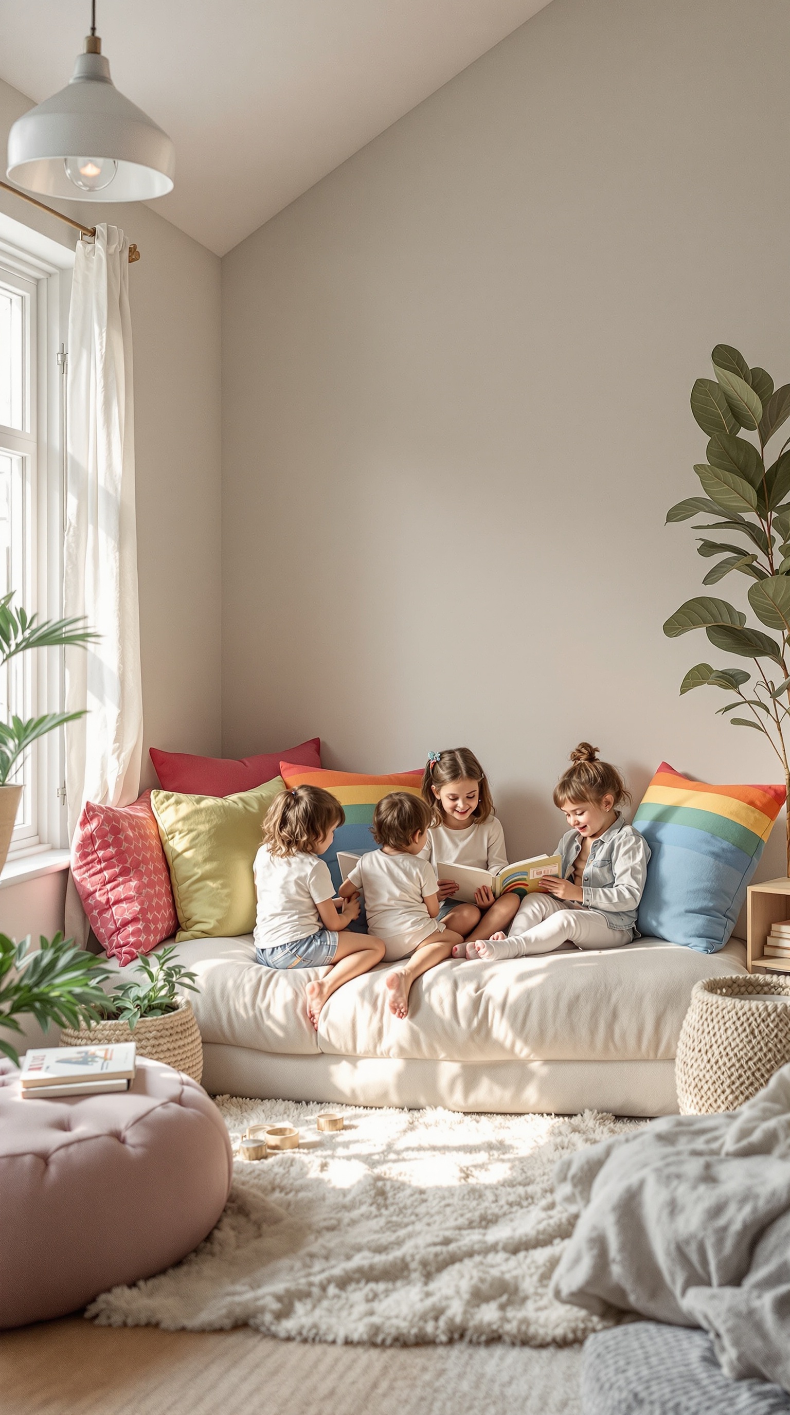 A cozy storytime nook with children reading together on a soft couch surrounded by colorful pillows and natural light.