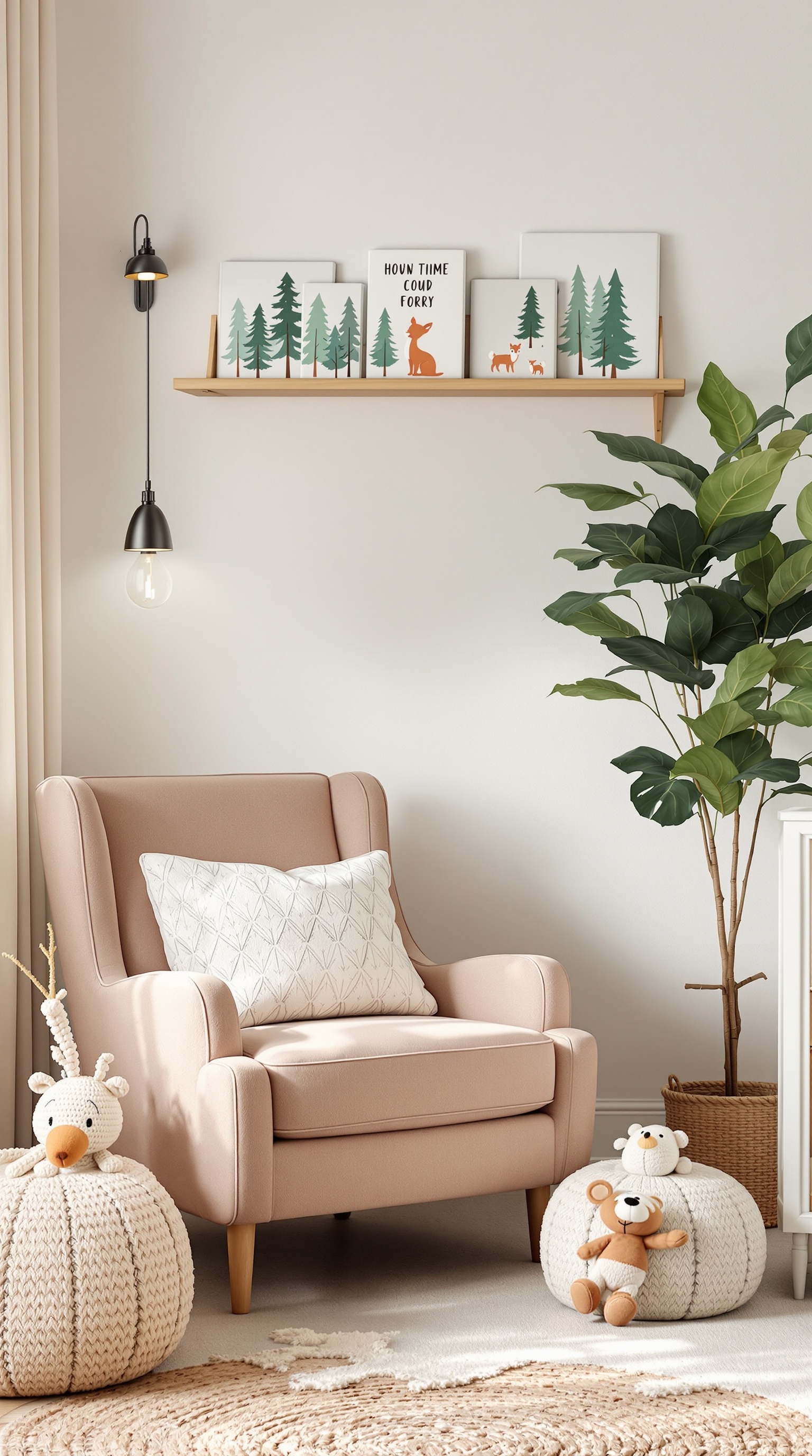 Cozy storytime nook with a pink armchair, forest-themed books on a shelf, and plush toys.