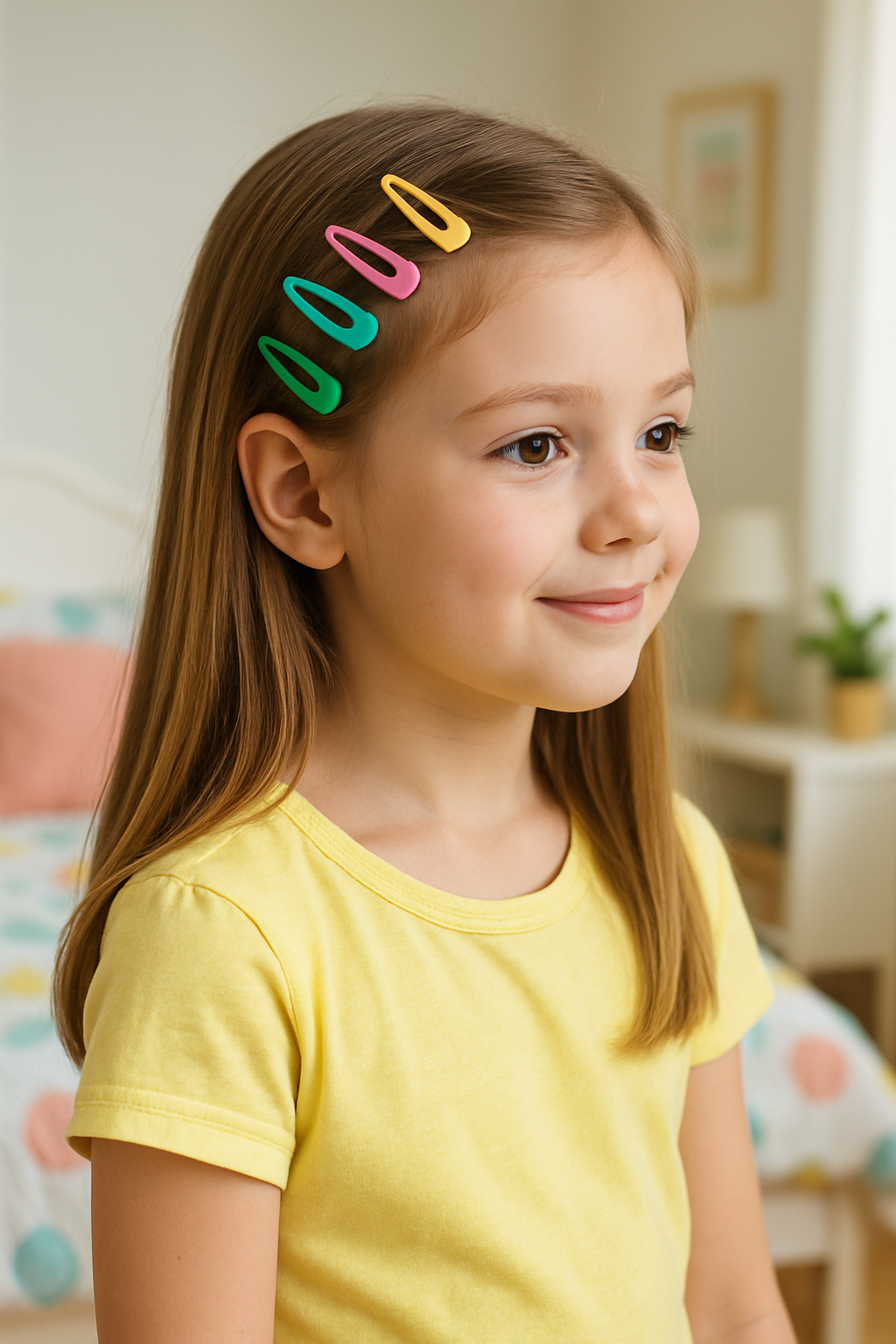 A young girl with straight hair styled with colorful clips.