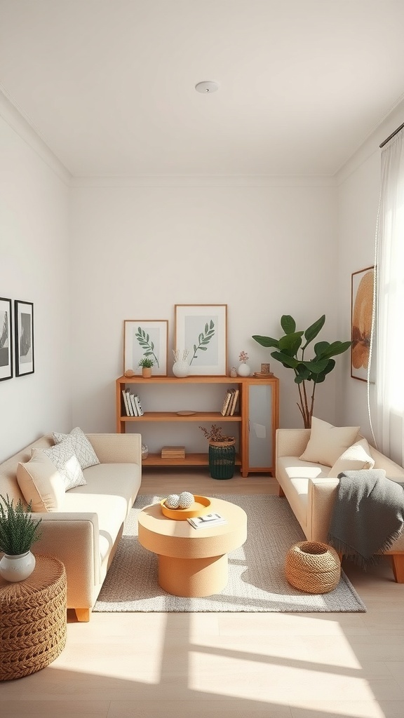 A cozy small living room with two sofas, a round coffee table, and a shelving unit, filled with plants and decor.