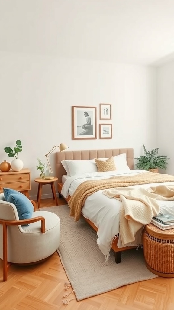 A cozy bedroom featuring a bed, bedside table, chair, and plants, arranged for comfort.
