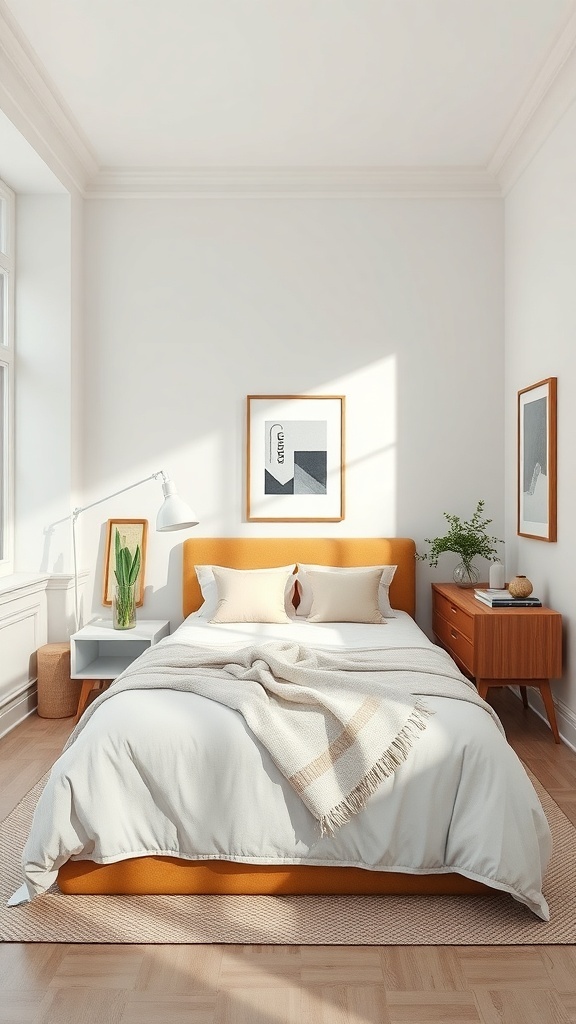A small master bedroom with a central bed, wooden dresser, and natural light from a large window.