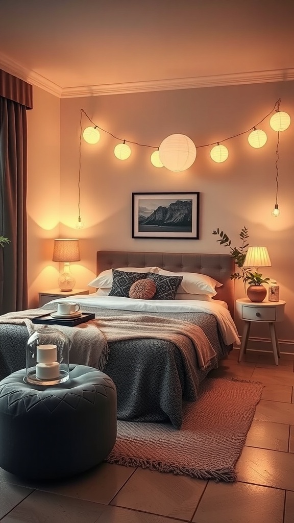 A cozy small guest bedroom with warm lighting, featuring bedside lamps and string lights.