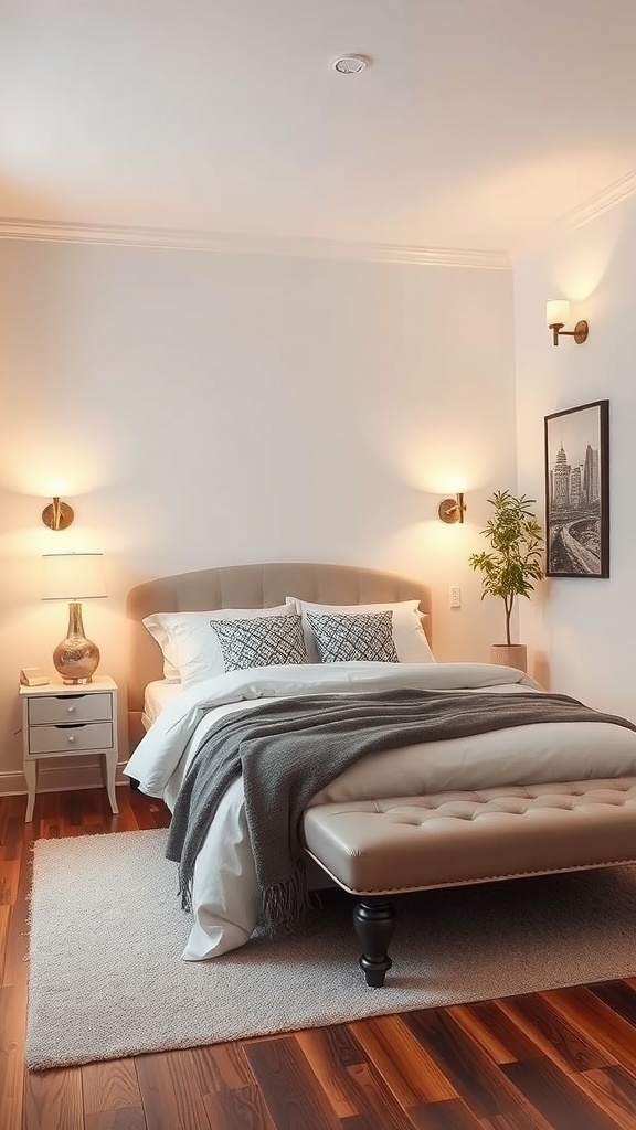 Cozy small bedroom with warm lighting, featuring a bed, nightstand, and decorative elements.