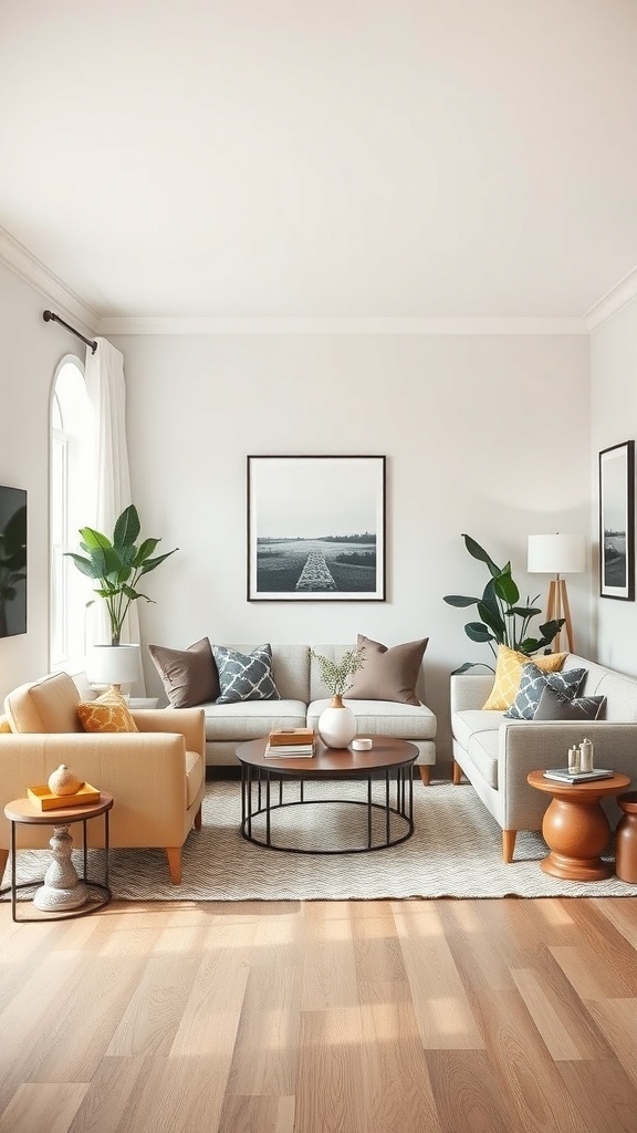 Cozy small living room with two sofas, a coffee table, plants, and artwork on the wall.