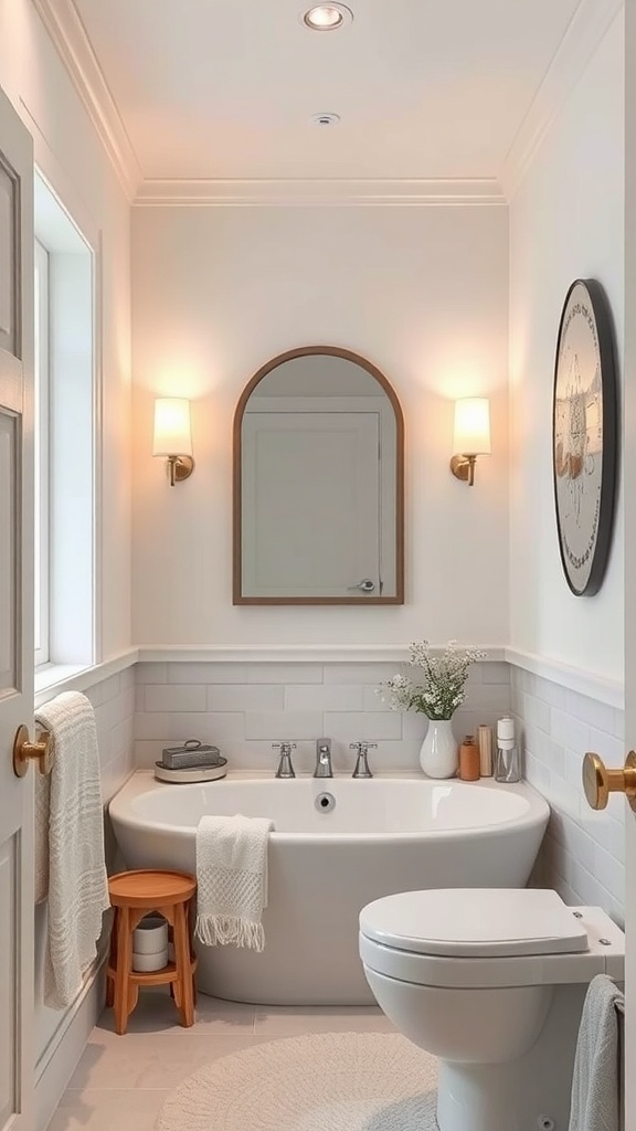 A small full bathroom featuring warm wall sconces, a bathtub, and a mirror, creating a cozy atmosphere.