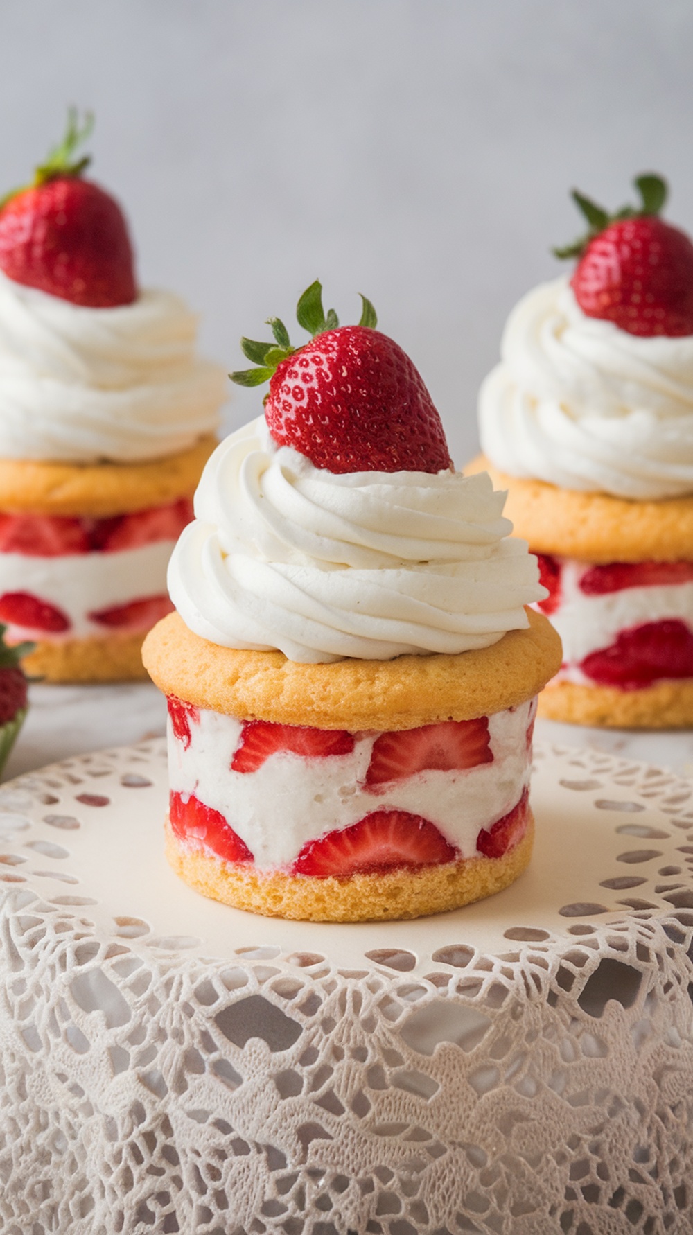 Delicious strawberry shortcake cupcakes topped with fresh strawberries and whipped cream