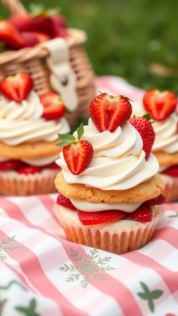 Delicious strawberry shortcake cupcakes topped with whipped cream and fresh strawberries.