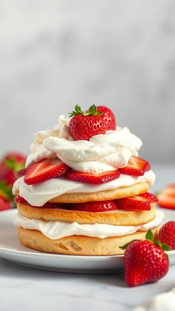 A beautifully layered strawberry shortcake with fresh strawberries and whipped cream.
