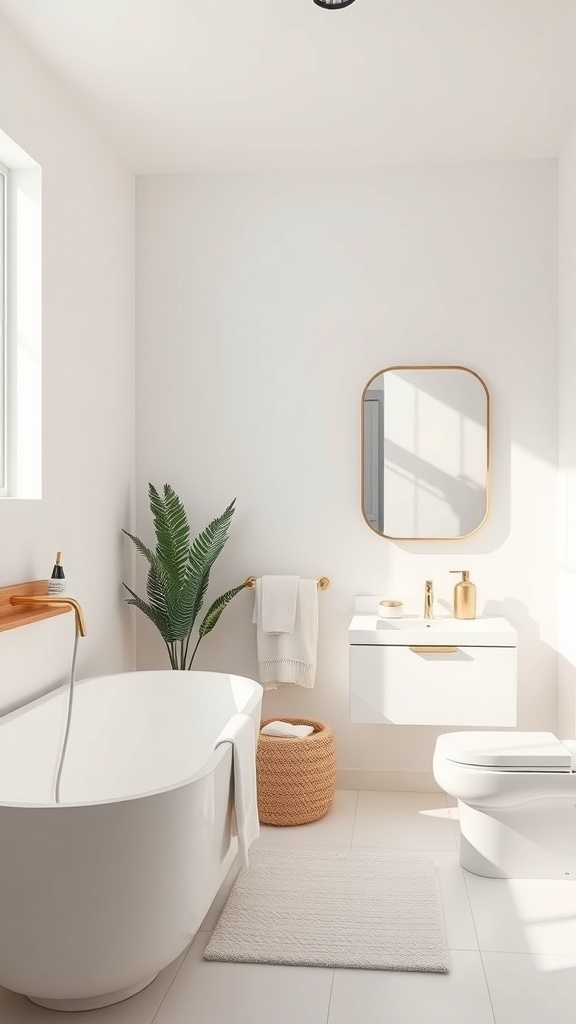 A minimalist small bathroom featuring a white bathtub, wooden shelf, green plant, and gold accents.