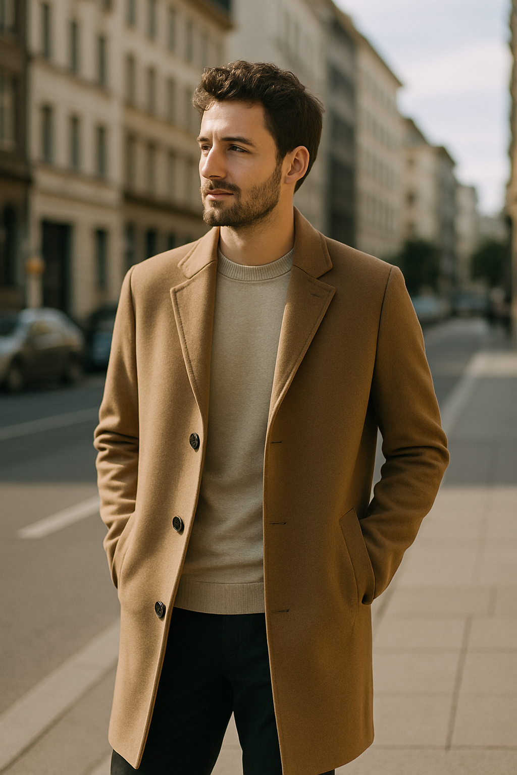 A stylish man wearing a camel coat over a light sweater, standing on a city street.