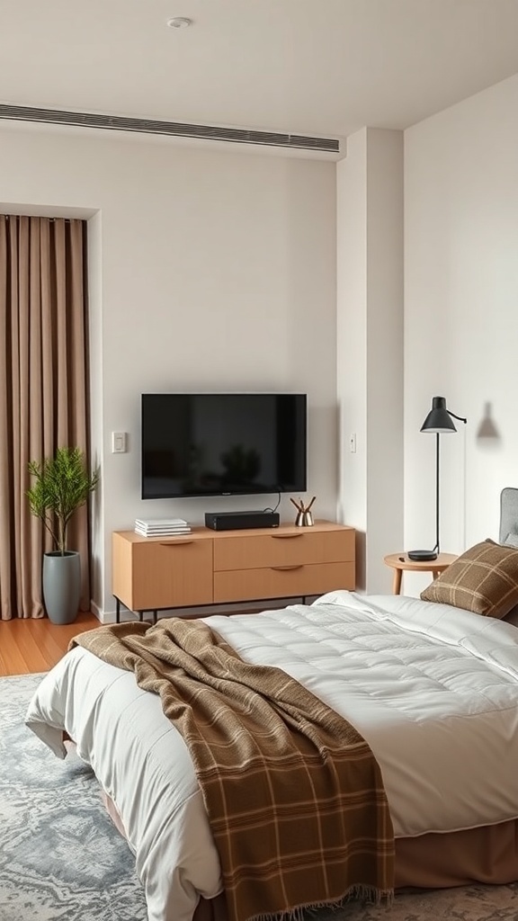 A minimalist bedroom featuring a bed with a blanket, a TV on a wooden dresser, and a stylish lamp.